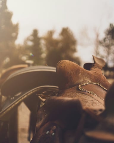 Worn leather saddle on a Wyoming ranch fence rail
