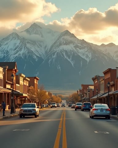 Sheridan main street at golden hour, mountains behind